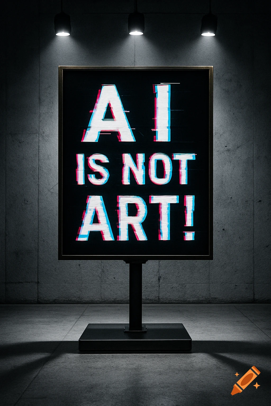 A spotlighted sign on a concrete wall reads 'AI IS NOT ART!' with a red and blue glitch effect.