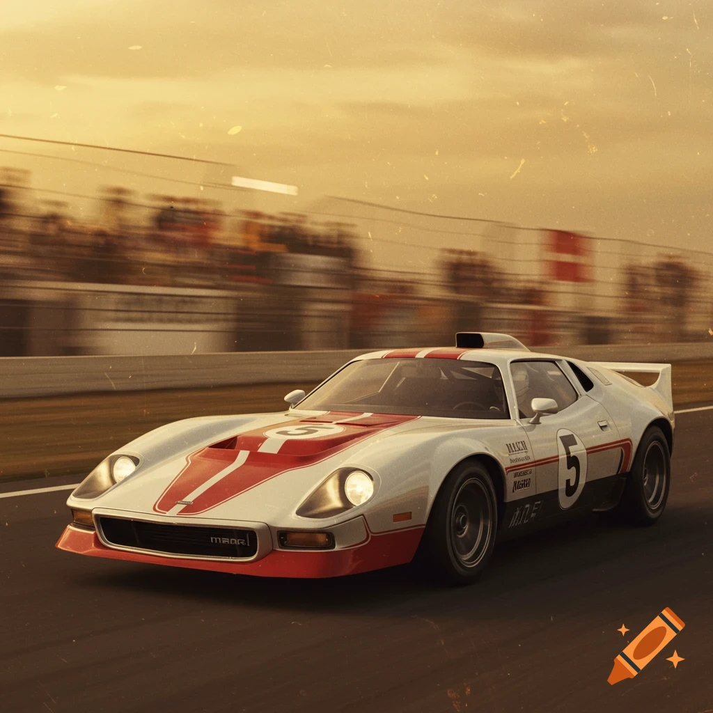 A vintage white and red race car with the number 5 drives at high speed on a track with motion-blurred spectators in the background, bathed in golden light.