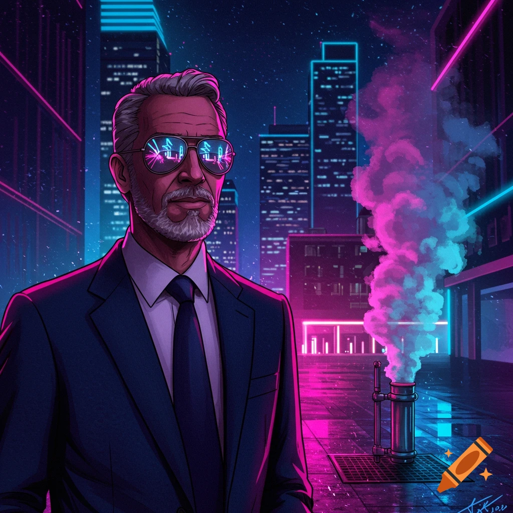 Stylized illustration of a gray-haired man in a suit and sunglasses, reflecting a neon cyberpunk city at night.