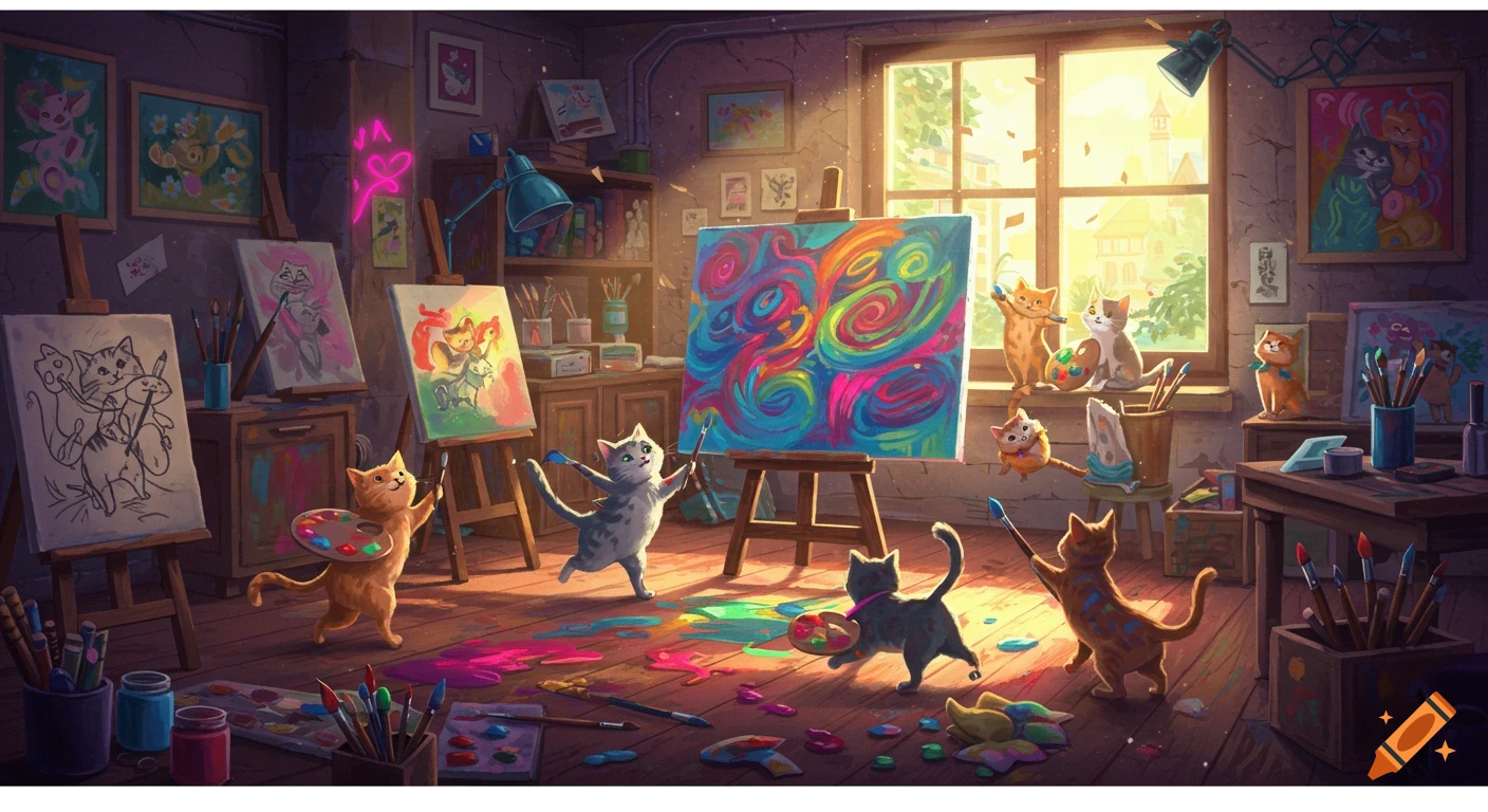 Illustrative image of anthropomorphic cats painting vibrant abstract art in a sunlit studio filled with easels and art supplies.