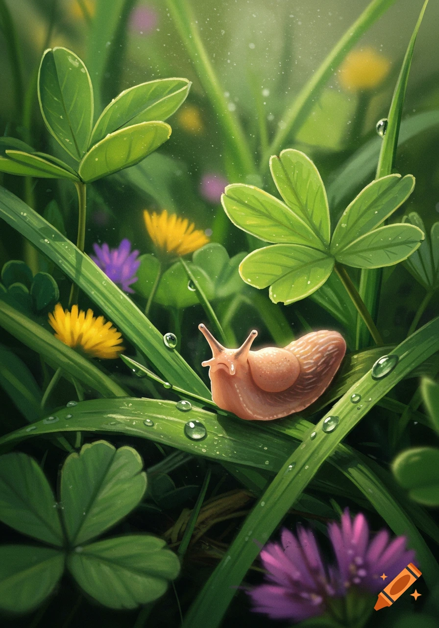 A detailed illustration of a small slug on a blade of grass with dew drops, surrounded by green foliage and colorful wildflowers.