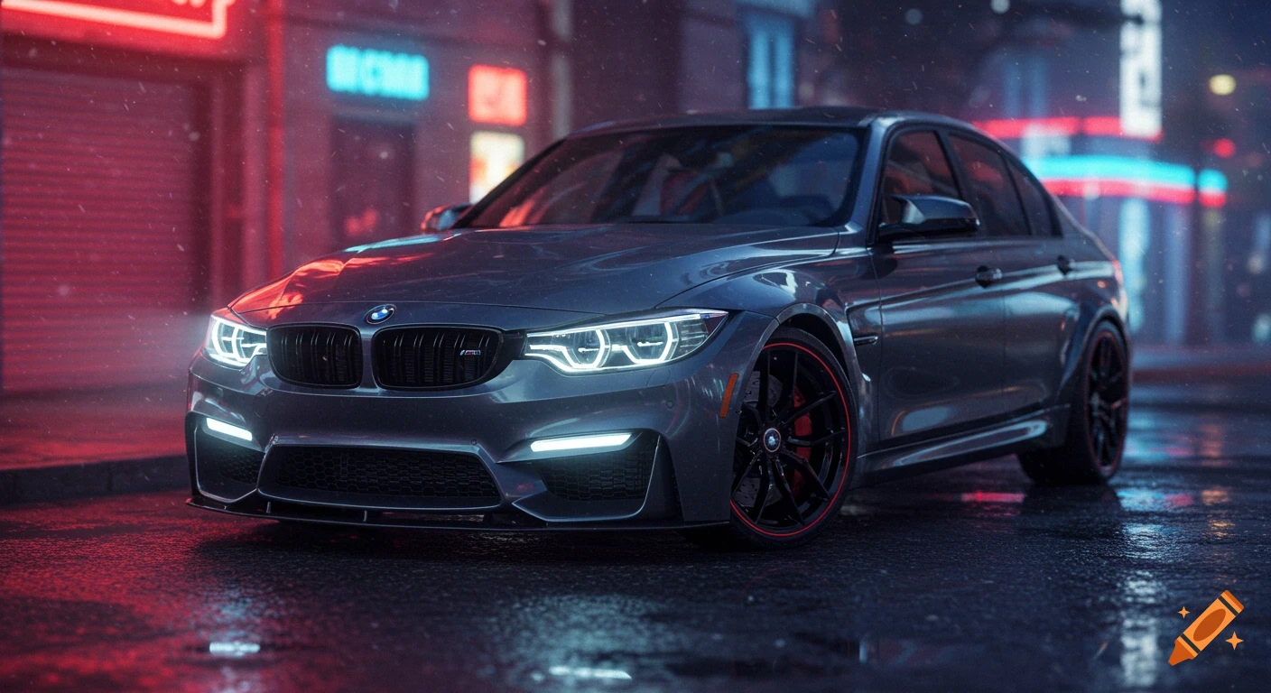 A sleek grey BMW M3 sedan parked on a wet city street at night, illuminated by neon lights and its bright headlights.