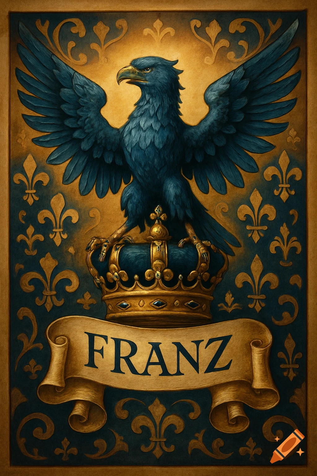 An ornate illustration of a blue eagle with spread wings perched on a golden crown, set against a background of gold and dark blue patterns with fleur-de-lis. A golden scroll below reads 'FRANZ'.