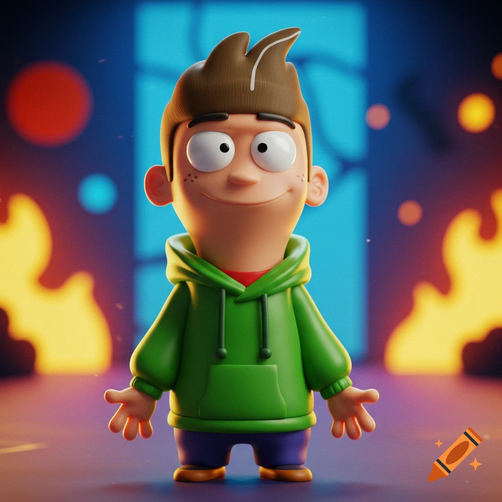 A stylized 3D cartoon character in a green hoodie, with large eyes and brown hair, stands in a dynamically lit room.
