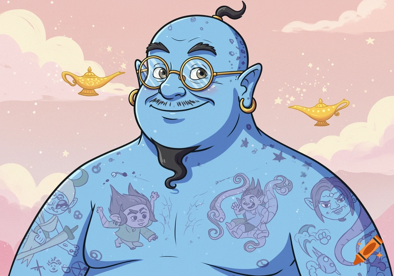 A bald, blue genie with glasses, a mustache, and goatee, covered in whimsical tattoos, floats in a pink, cloudy sky with magic lamps in 2D animation style.