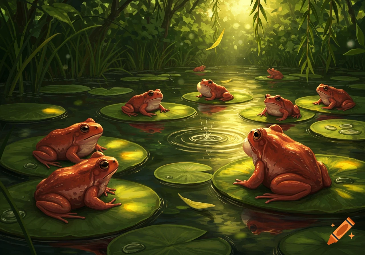 Red frogs sit on lily pads in a sun-dappled green pond, surrounded by lush foliage in an artistic style.