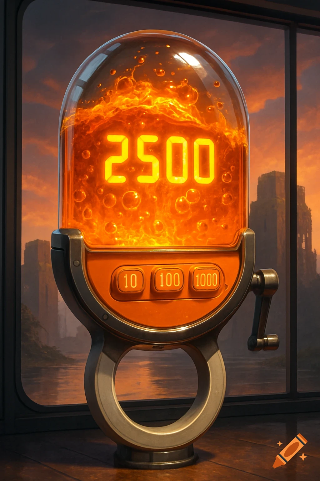 A futuristic orange time machine with a glowing '2500' display and control buttons, set against a window view of ruined, flooded buildings at sunset.