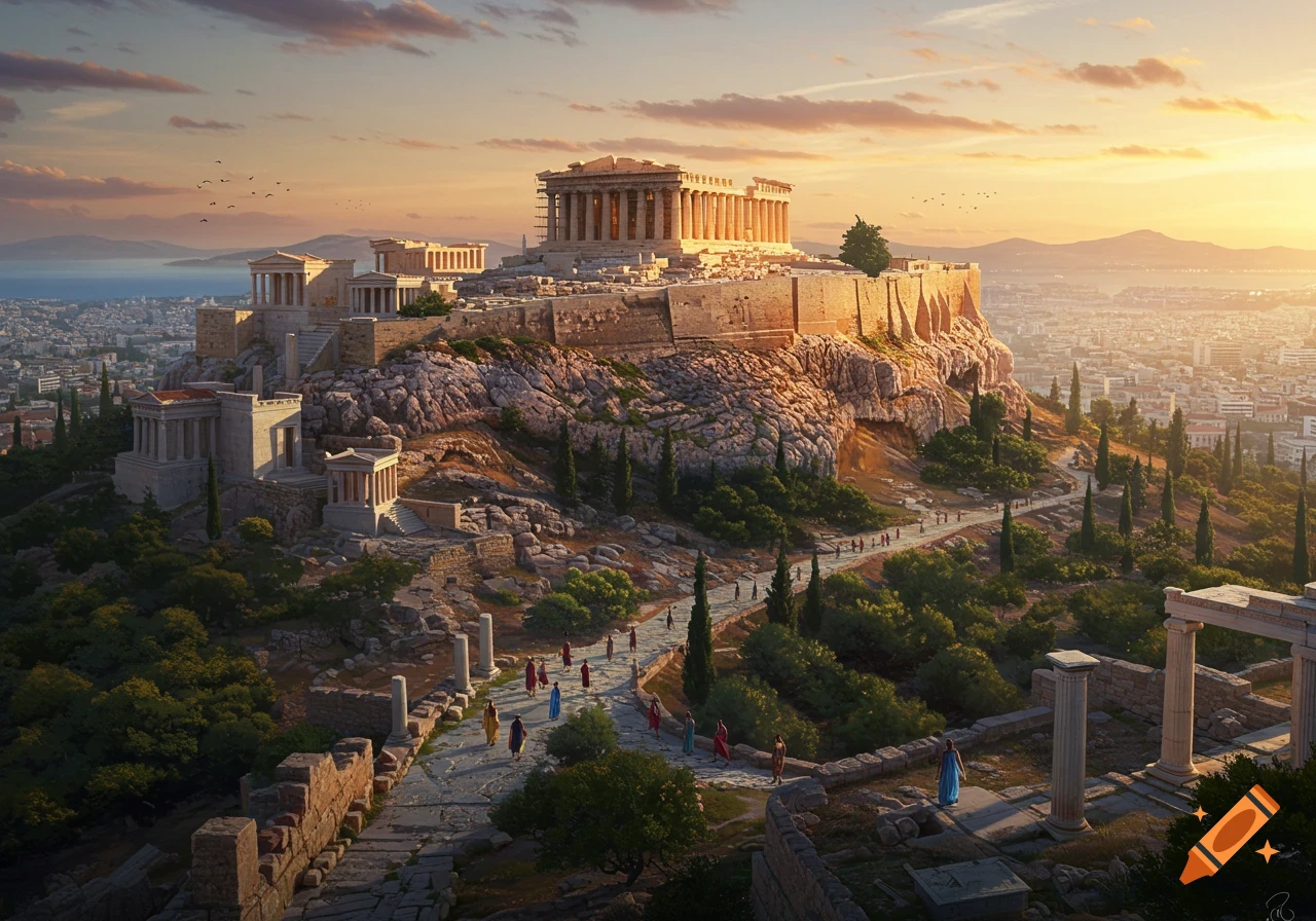 Panoramic view of the ancient Acropolis in Athens at sunset, with classical buildings atop a rocky hill and people walking on paths below.