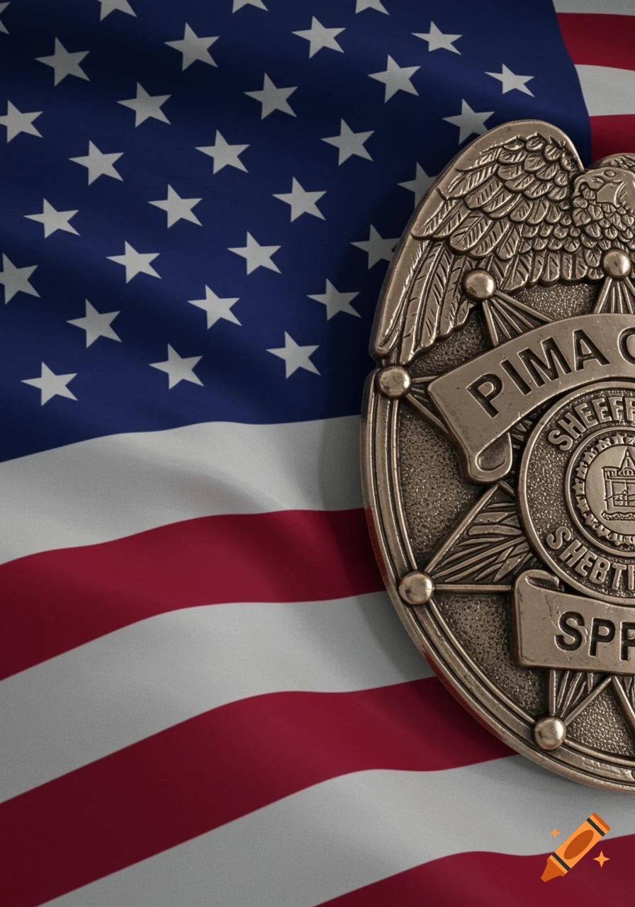 A close-up of a Pima County Sheriff's badge against a waving American flag.