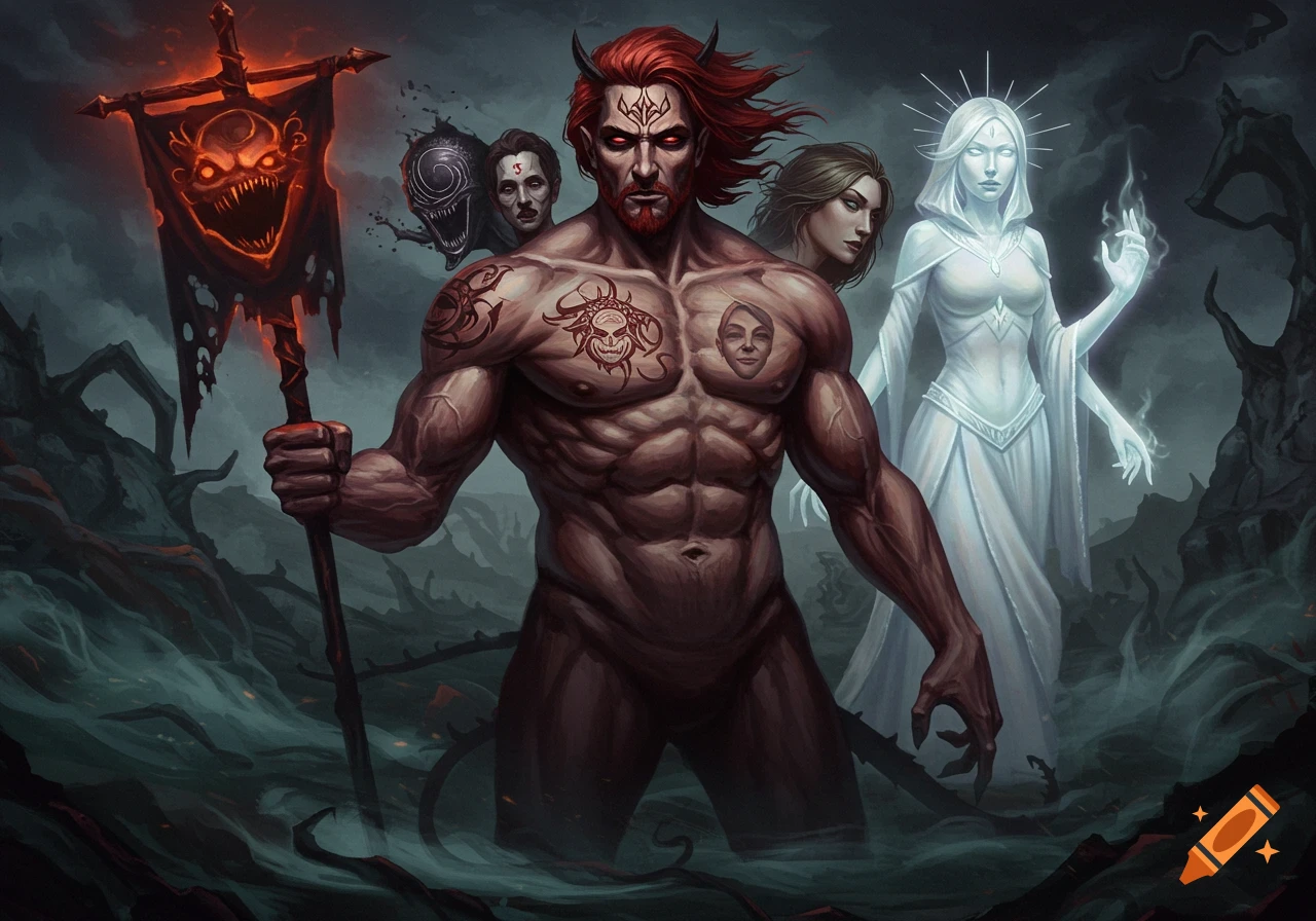 A powerful, muscular man with red hair and glowing red eyes stands in murky water, holding a fiery, monster-faced banner. He is surrounded by ethereal, ghostly, and grotesque figures in a dark, mystical landscape, in a digital painting style.