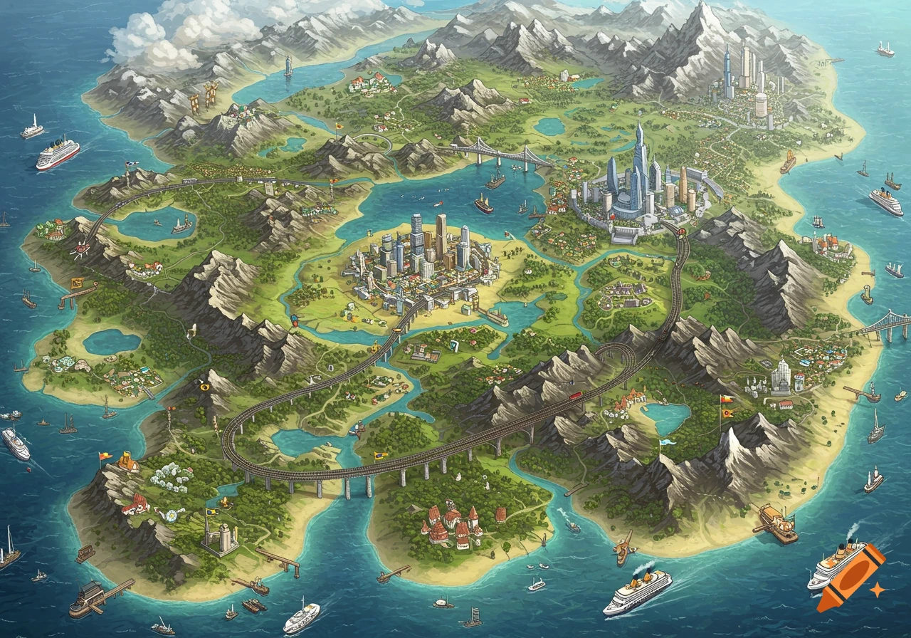 A colorful, detailed isometric illustration of a large island map featuring multiple cities, mountains, rivers, lakes, railroads, and ships.