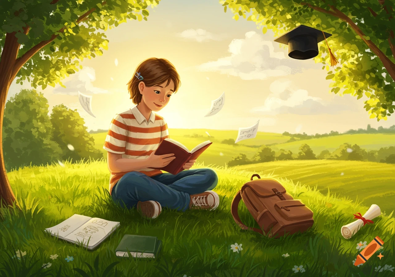 An illustrated young student sits in a sunny green field, reading a book. A backpack, diploma, and graduation cap are nearby.