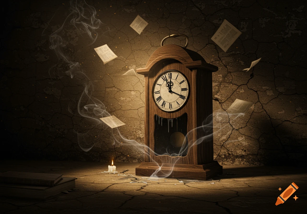 A moody scene with an old wooden clock, a burning candle, books, and floating papers with smoke in a cracked room.
