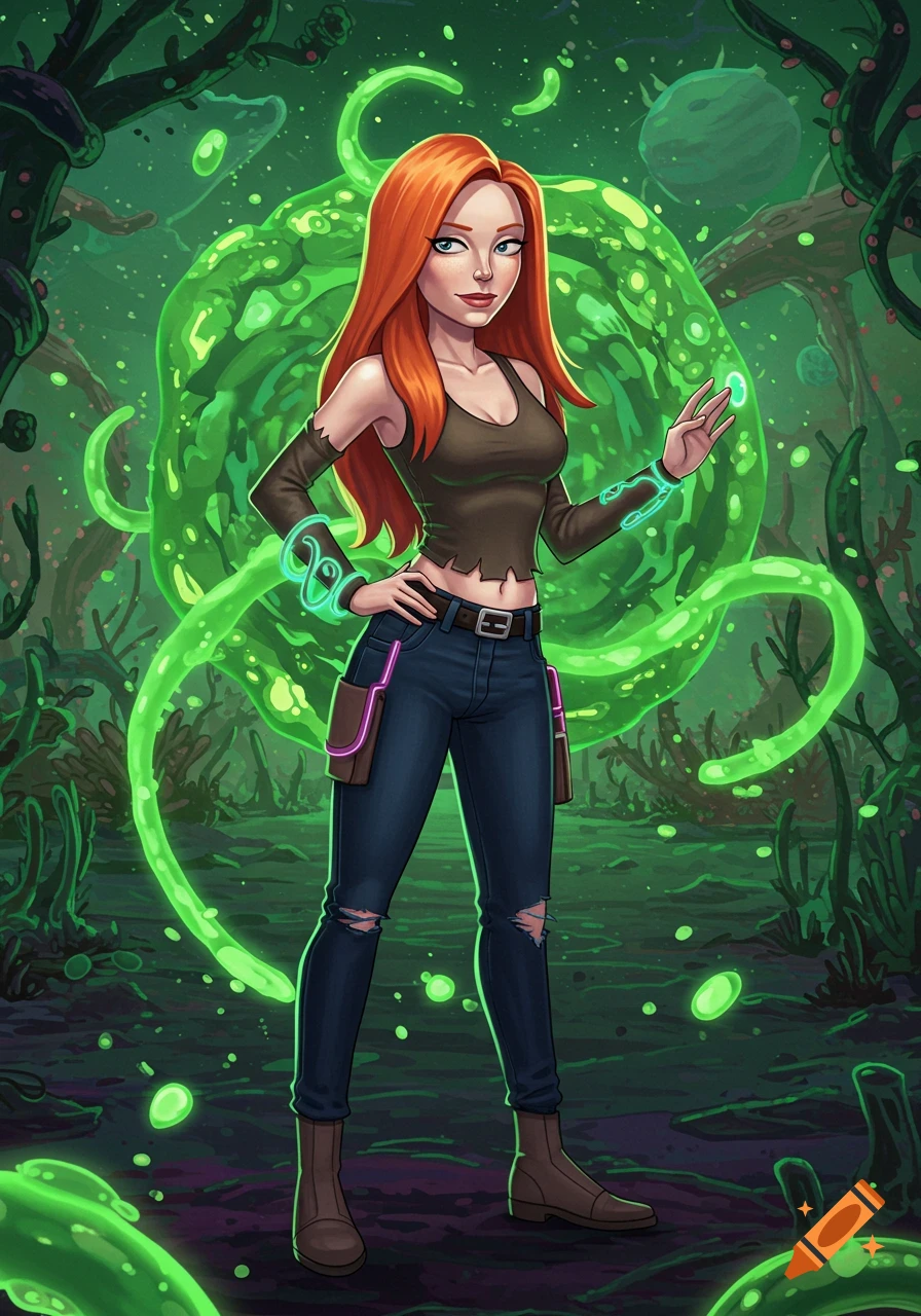 A red-haired woman with glowing green armbands stands in front of a swirling green portal in a vibrant sci-fi landscape.