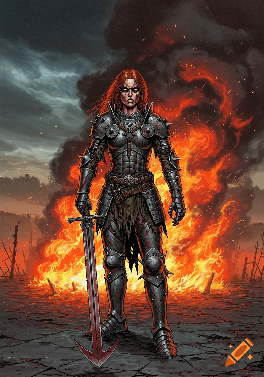 A fierce female warrior in tattered armor holds a large sword, standing in a burning wasteland under a stormy sky, in a heavy metal album art style.