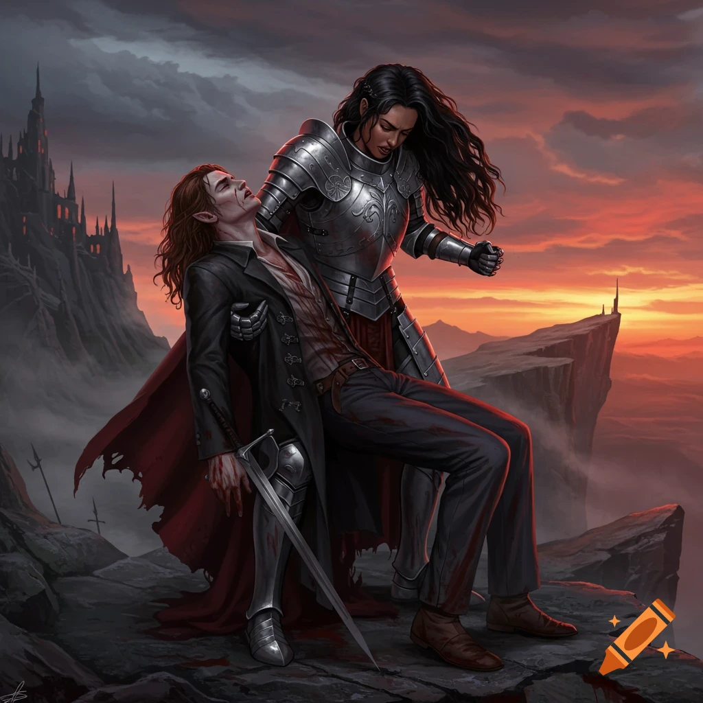 A female knight in armor supports a wounded vampire man on a rocky cliff overlooking a dark castle and a dramatic orange sunset, in a digital art style.