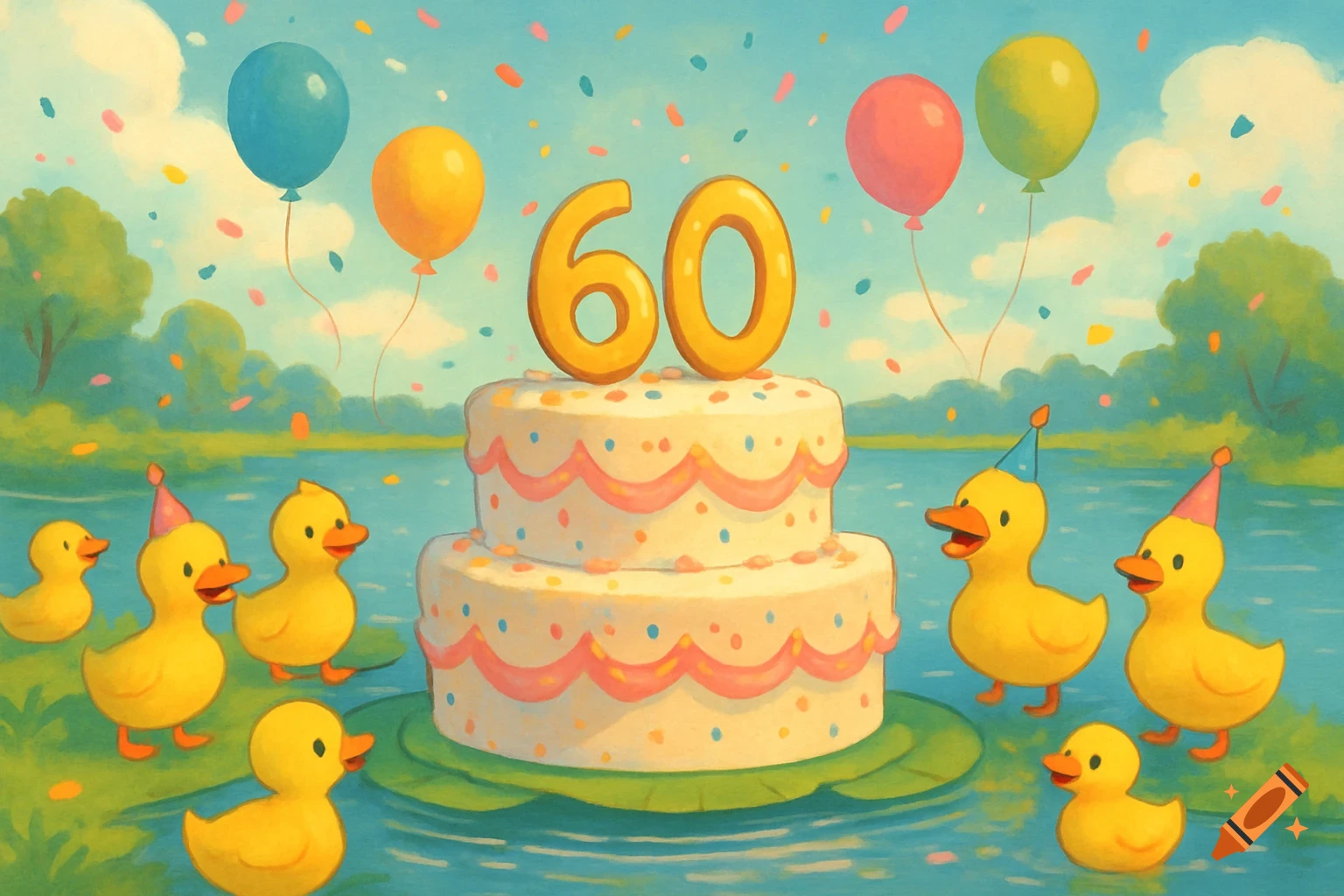 Cartoon ducks celebrate a 60th birthday with a cake, balloons, and confetti in a whimsical painted style.