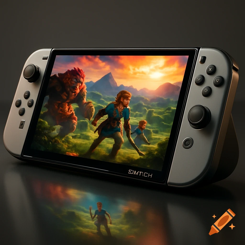 A photorealistic image of a grey video game console displaying a fantasy game scene with a large creature and human characters running through a green landscape under an orange sky.