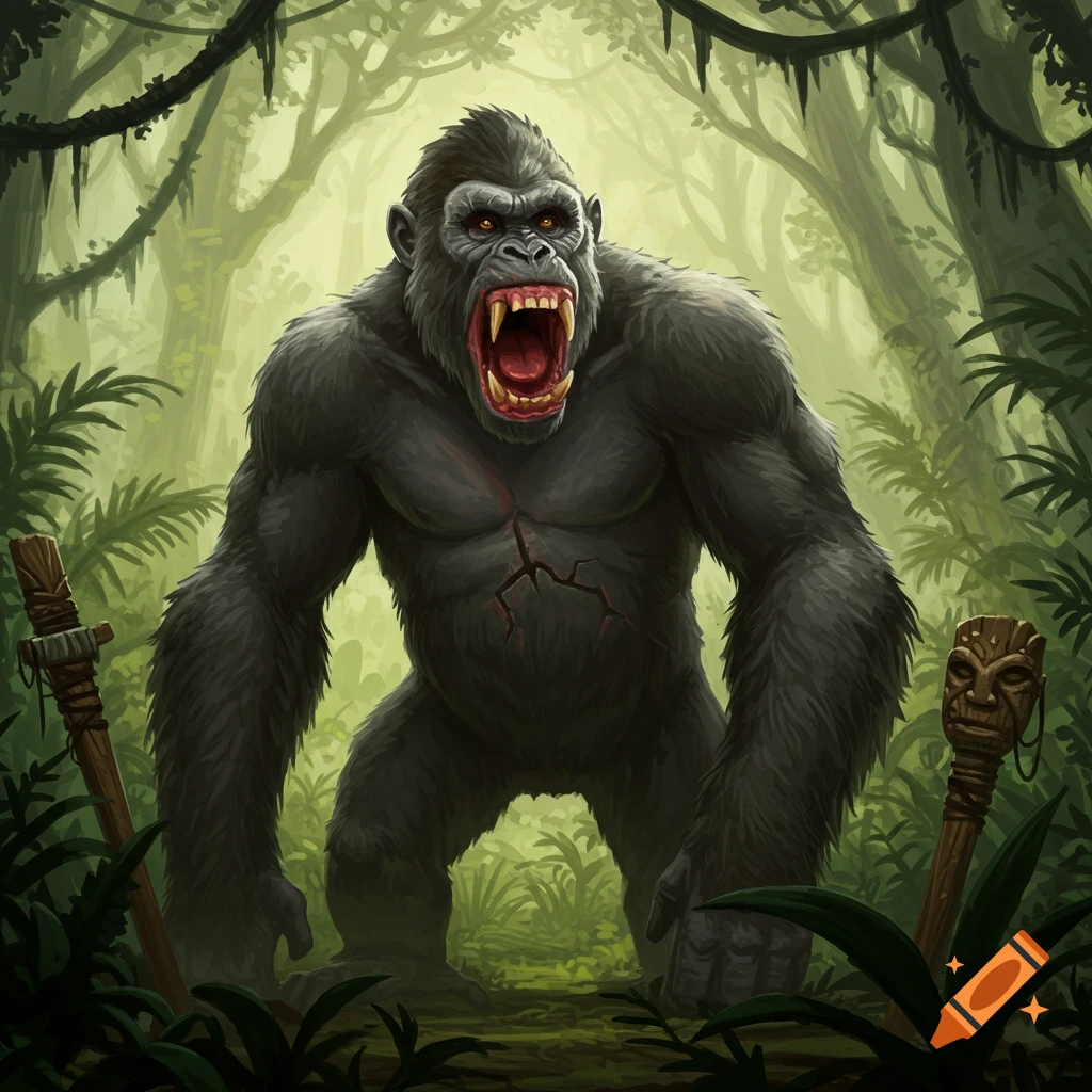 A large, angry gorilla with bared teeth stands in a lush green jungle, with two carved wooden staffs.
