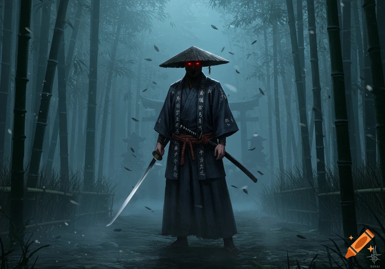 A dark samurai with glowing red eyes stands in a misty bamboo forest, holding a katana sword.