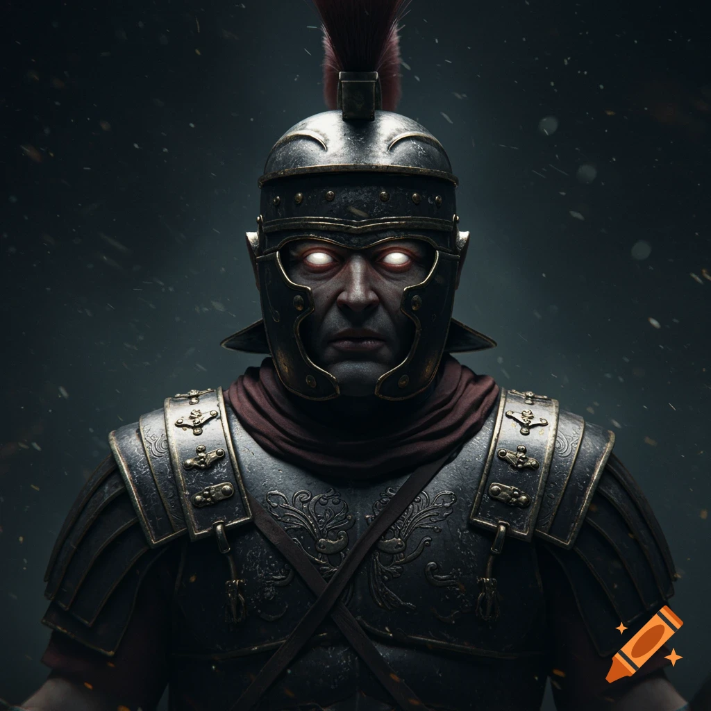 A dark, intense portrait of a Roman soldier in ornate armor with glowing white eyes, in a propaganda style.