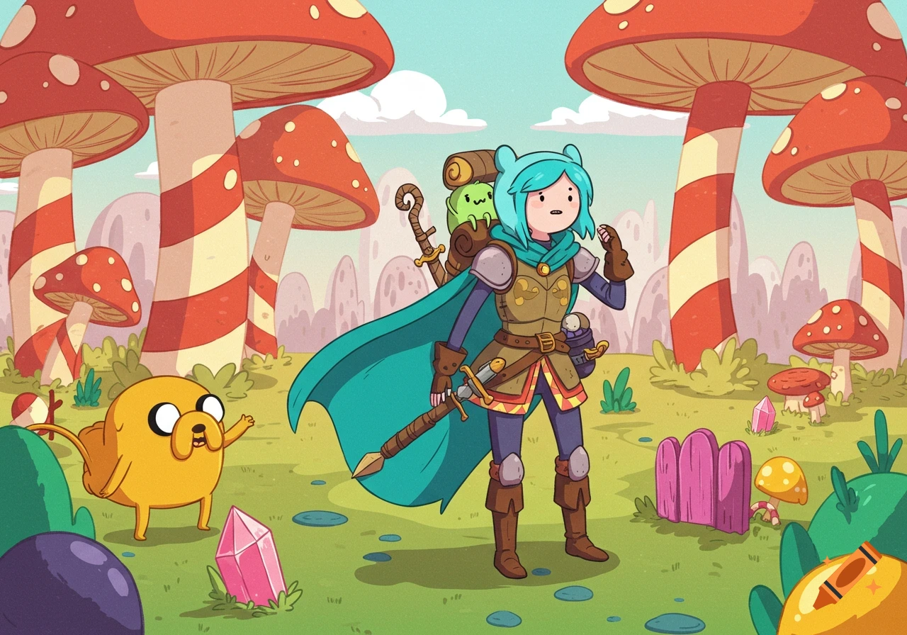 A female adventurer with blue hair and a yellow dog-like character in a whimsical mushroom forest, in the style of Adventure Time.