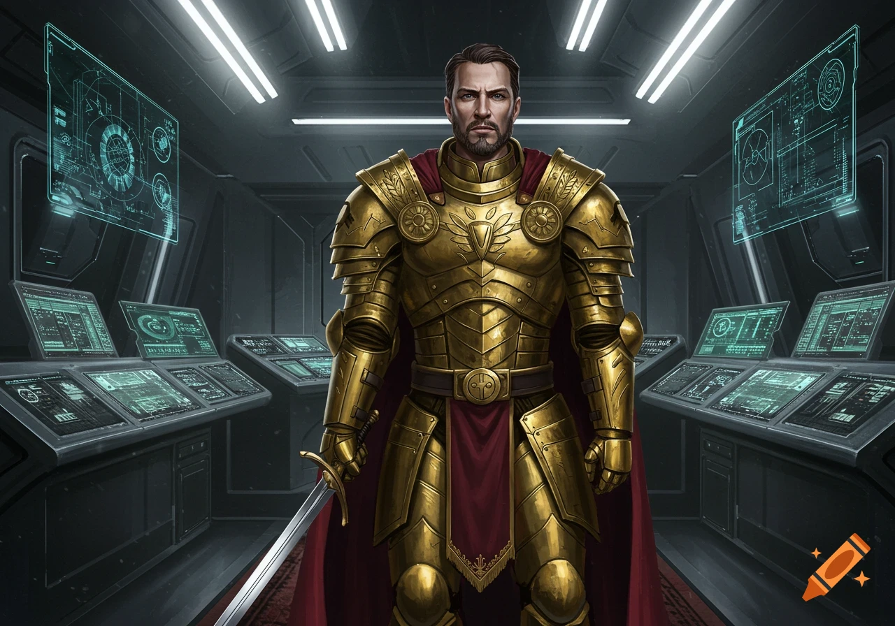 A man in golden armor with a red cape holds a sword in a futuristic control room with glowing screens.