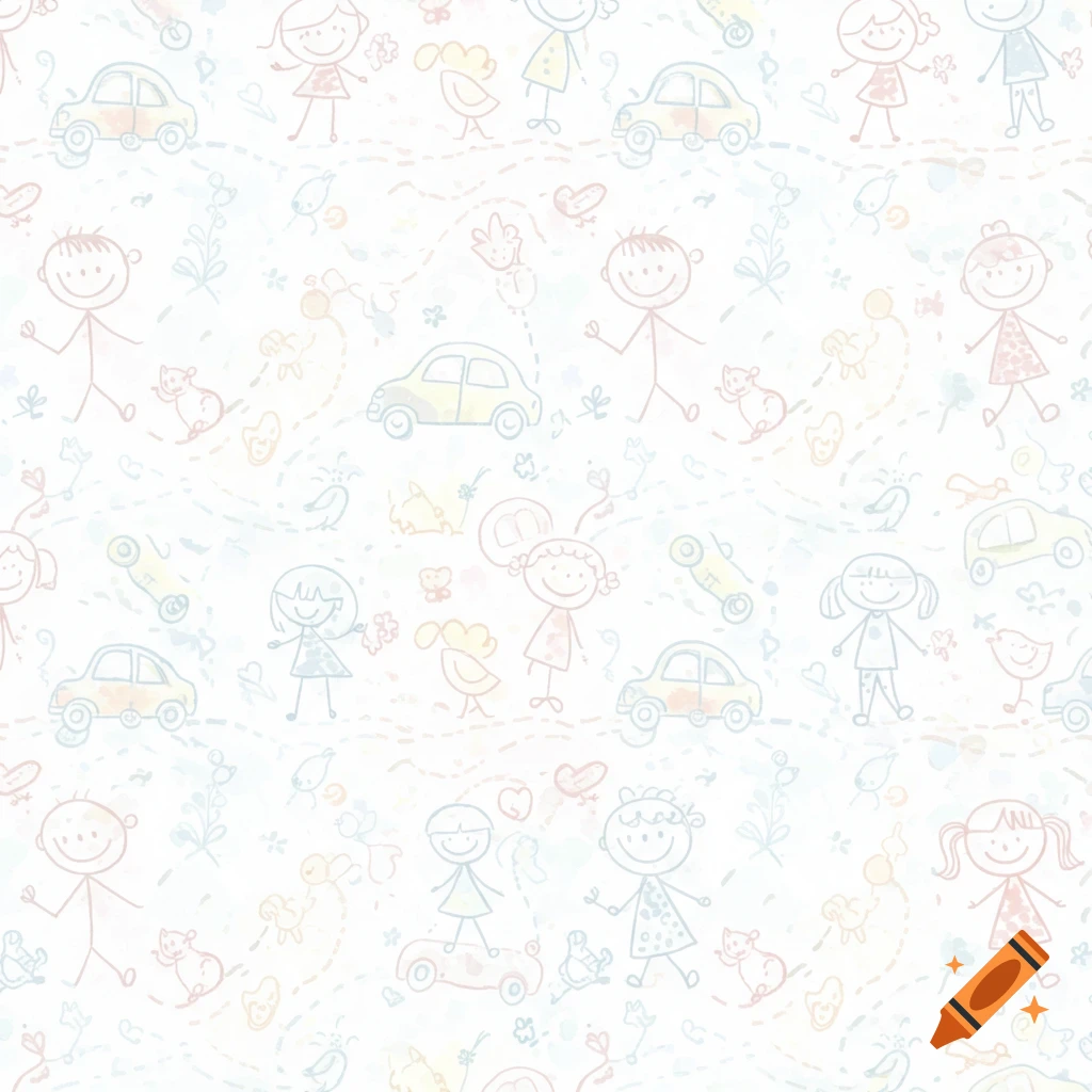 Light pastel seamless pattern with doodle stick figure children, cars, and animals in a watercolor style.