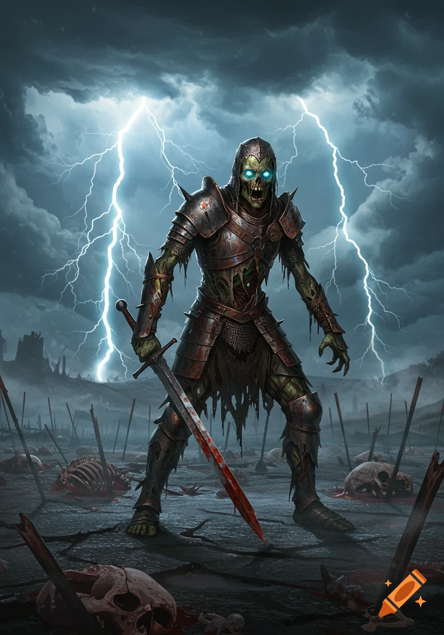 A zombie warrior with glowing eyes and weathered armor holds a blood-stained sword on a battlefield strewn with skulls under stormy, lightning-filled skies.