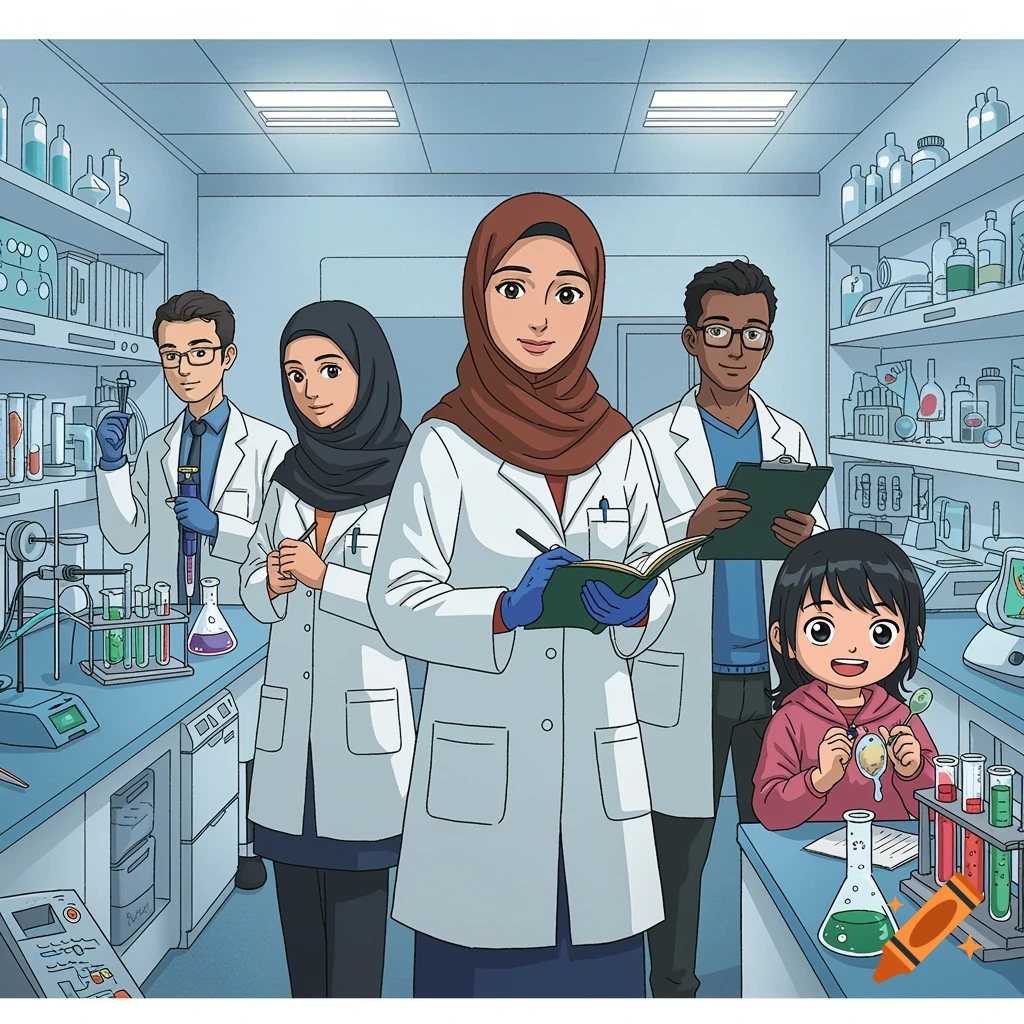 A diverse group of five scientists and a child, wearing lab coats, are working in a brightly lit cartoon-style laboratory filled with glassware and equipment.