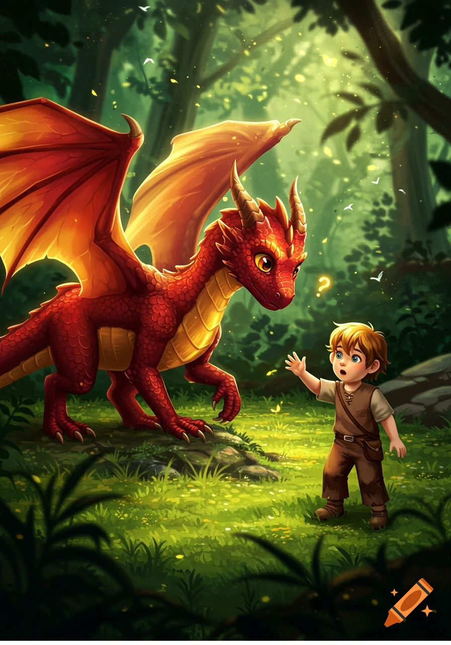 A young boy with a surprised expression reaches out to a large, friendly red dragon in a sun-dappled forest clearing.