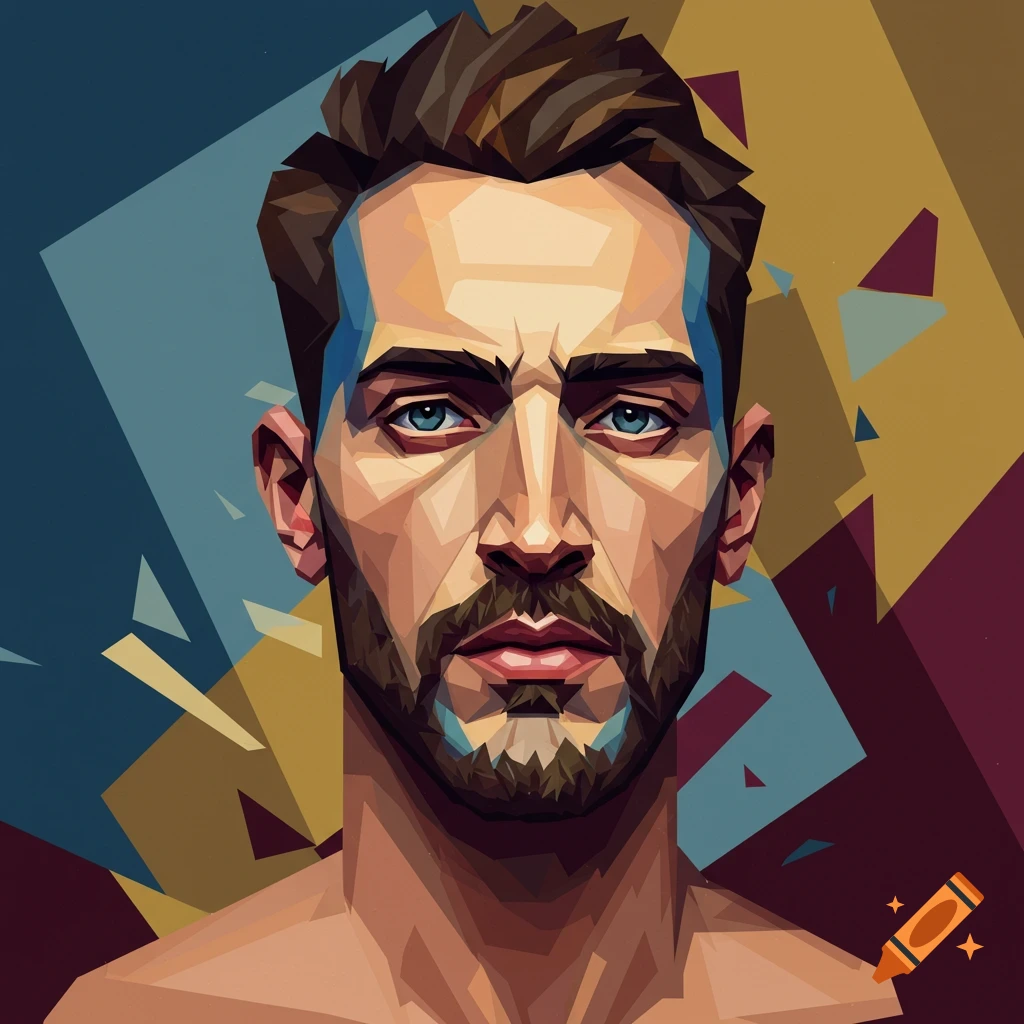 Cubist portrait of a man with a beard and blue eyes against an abstract geometric background.