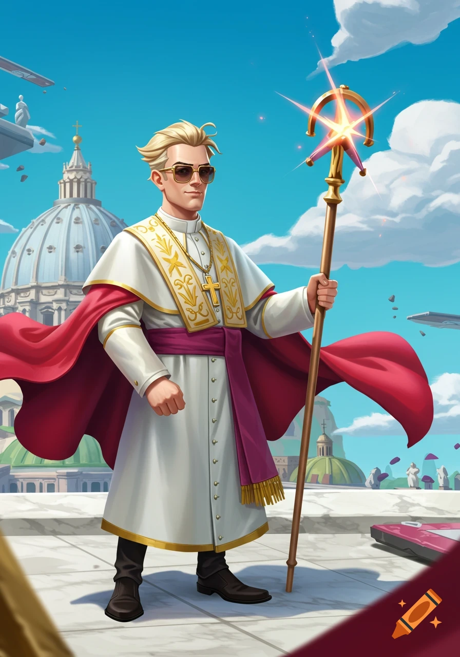 A stylized blonde man in white papal robes and sunglasses holds a staff, standing before a large domed building under a blue sky, in a Fortnite-like art style.