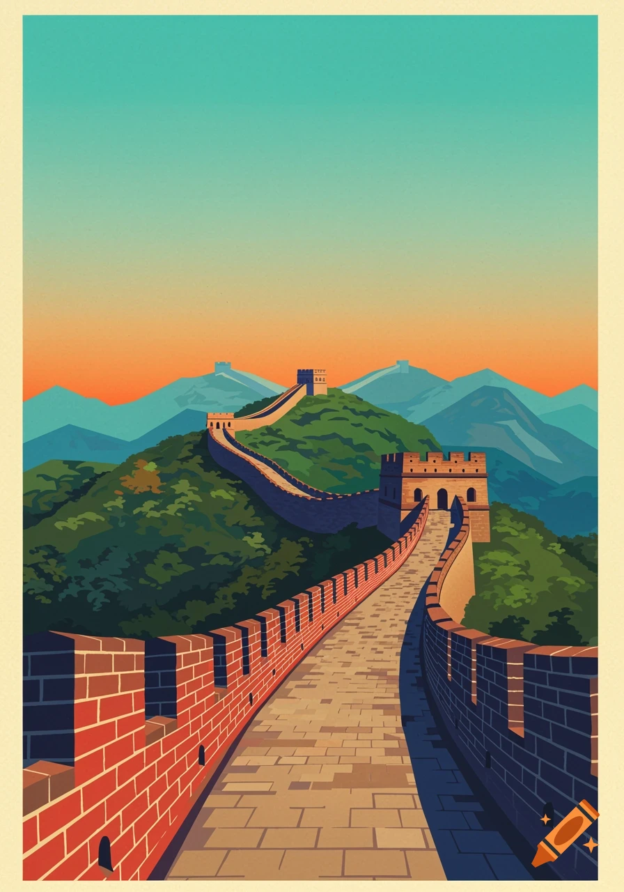 Minimalist vector pop art poster of the Great Wall of China winding through green mountains under a turquoise and orange sky.