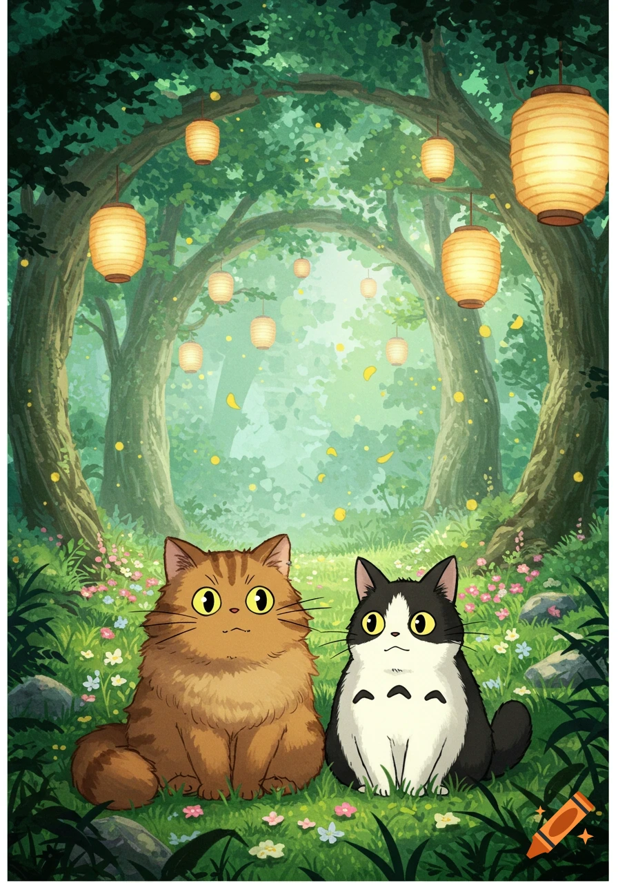 Two cartoon cats, one brown and one black and white, sit in an enchanted forest with glowing lanterns and petals, in a Studio Ghibli style.