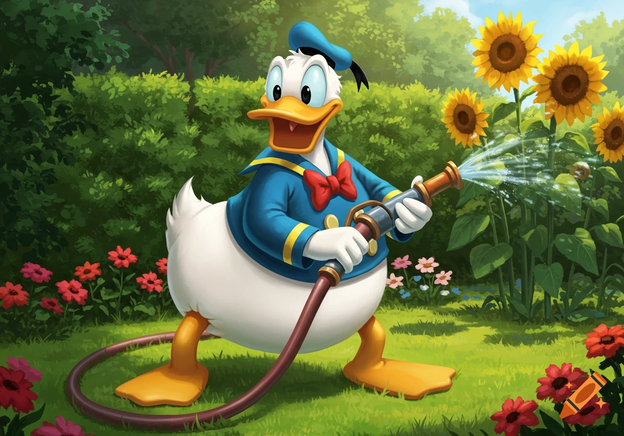Donald Duck waters sunflowers in a vibrant garden with a hose.