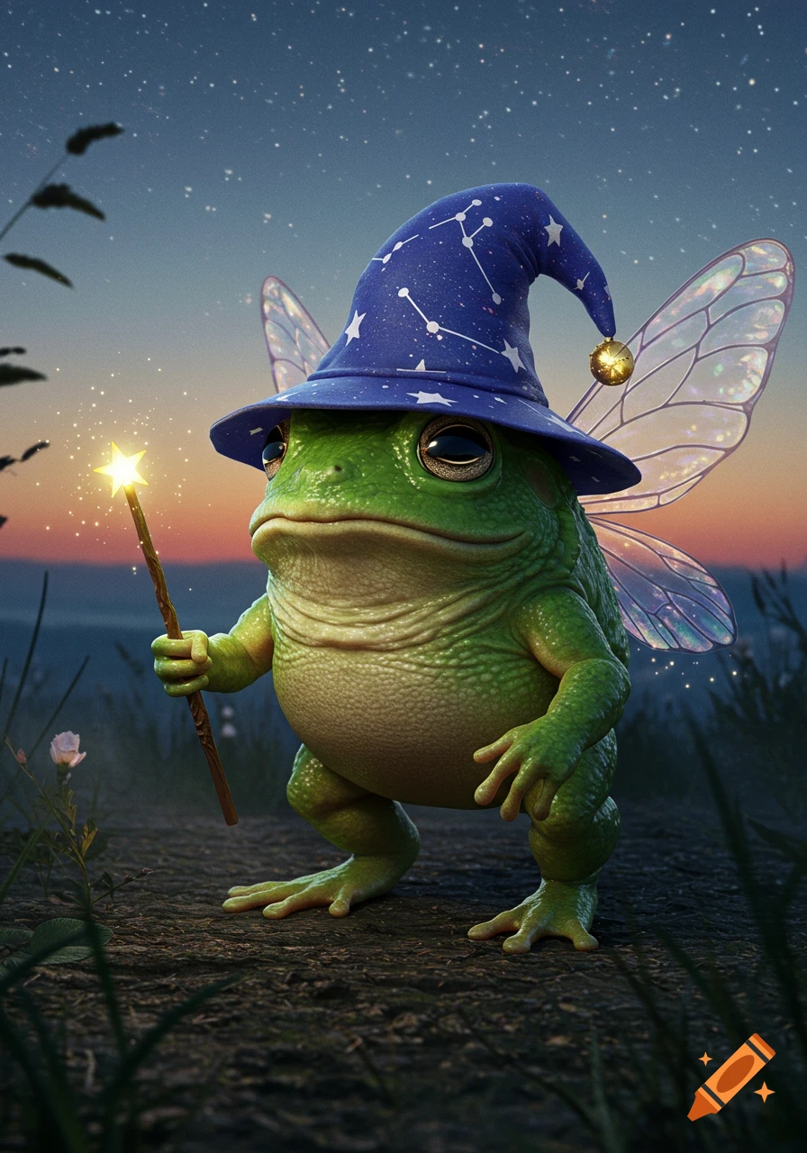 A photorealistic green frog wearing a blue wizard hat and fairy wings holds a glowing magic wand under a starry twilight sky.