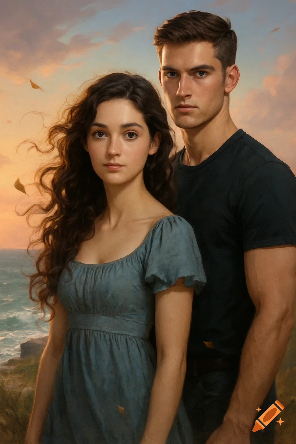 A photorealistic portrait of a young woman with long curly brown hair in a blue dress and a man with short dark hair in a dark shirt standing against a sunset sky by the ocean.