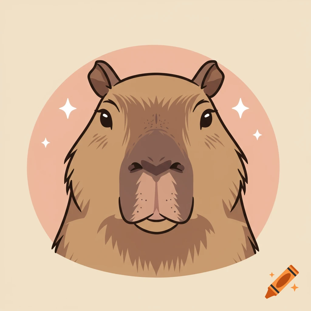 A vector cartoon capybara headshot, front-facing, with a peach circular background and white sparkles.