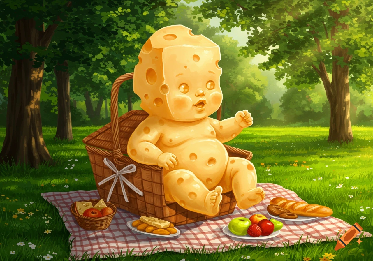 A whimsical illustration of a baby made of Swiss cheese sitting in a picnic basket on a checkered blanket in a sunny park, surrounded by food.
