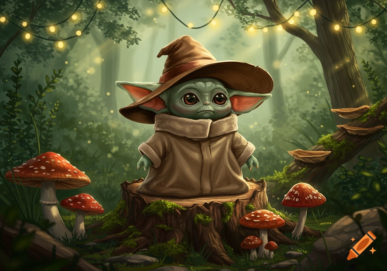 A cute, illustrated Baby Yoda-like creature wearing a brown hat and robe sits on a tree stump in a magical forest with red mushrooms and string lights.