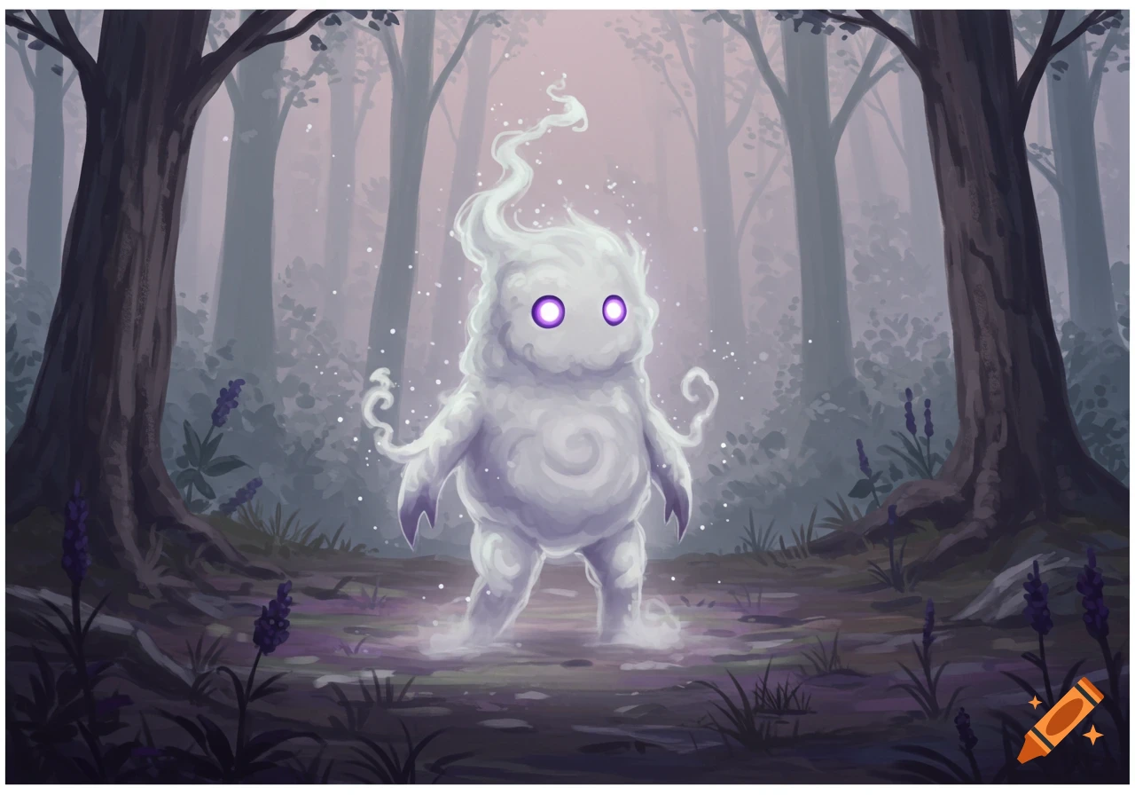 An illustrated fantasy creature made of white mist with glowing purple eyes stands in a dark forest.