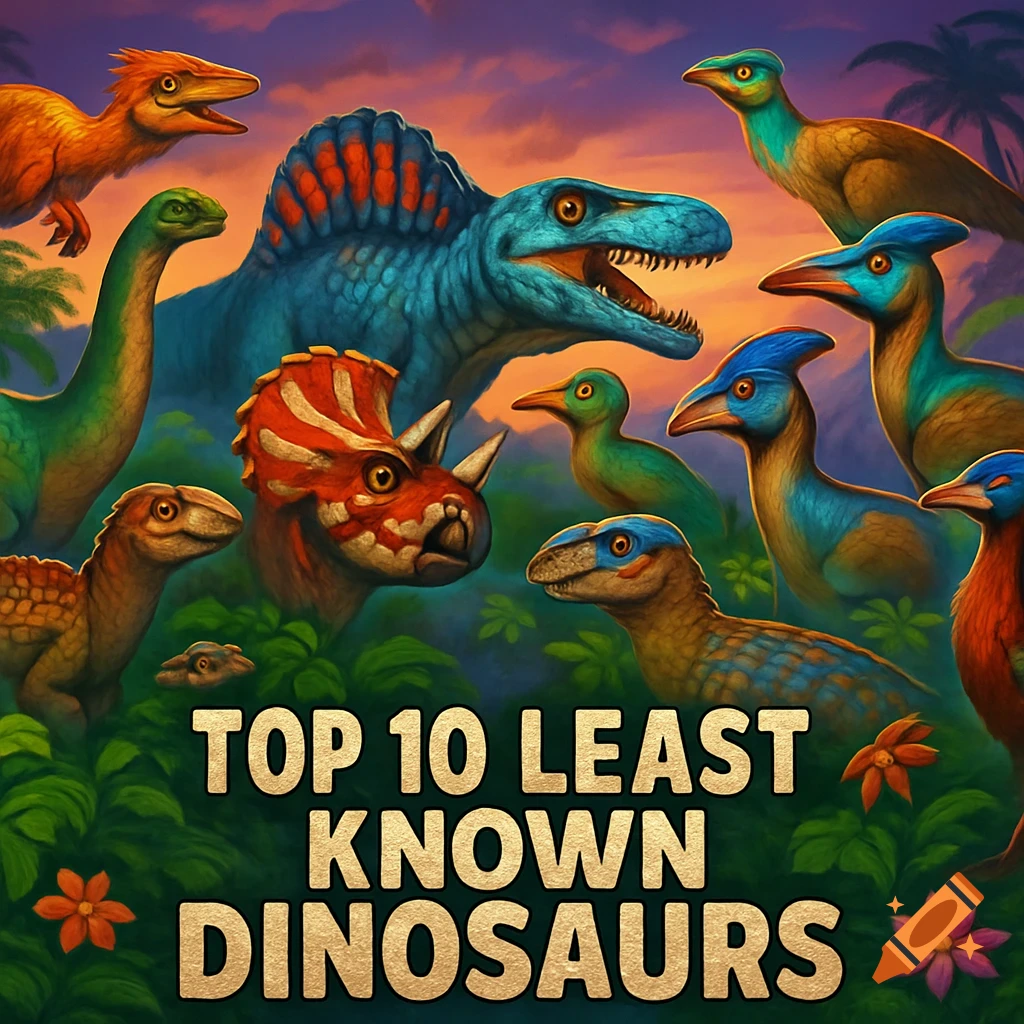 Stylized illustration of colorful dinosaurs in lush foliage under a sunset sky. Large text reads 'TOP 10 LEAST KNOWN DINOSAURS'.