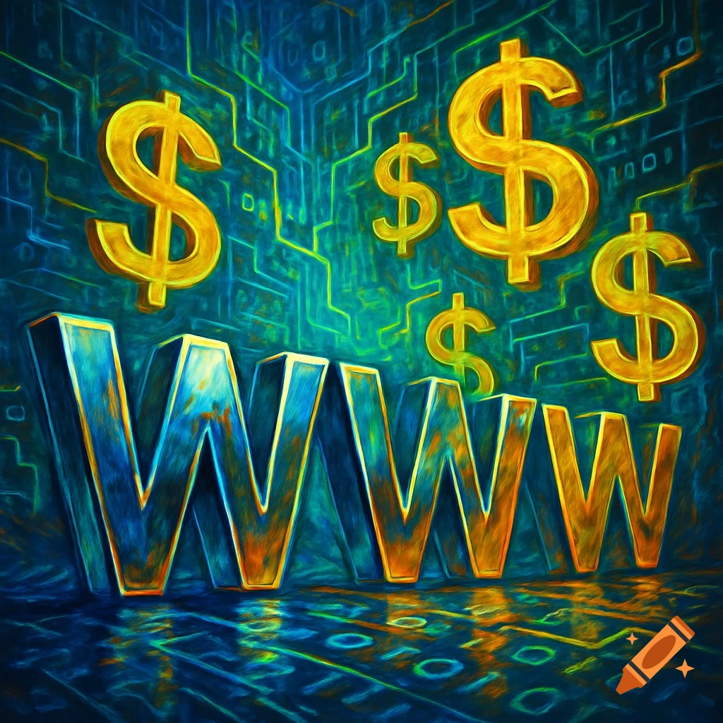 3D 'WWW' letters and dollar signs against a vibrant blue and green circuit board background, in a digital painting style.