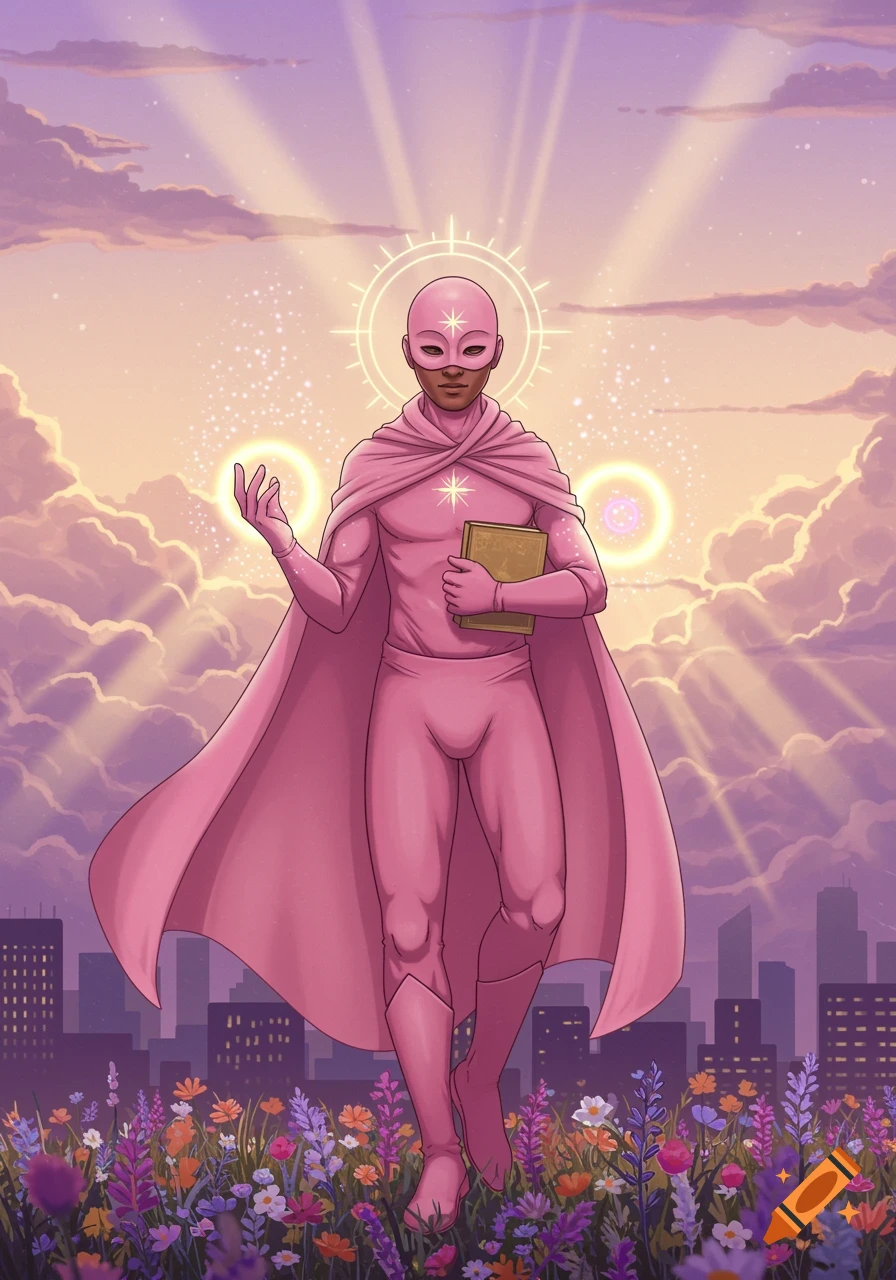 A pink-clad superhero with a halo and glowing hands stands in a flower field with a city skyline under a radiant sky, holding a book.