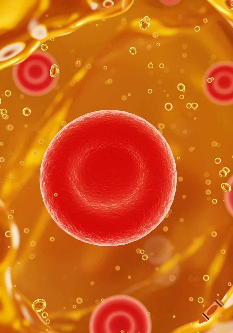 A large red blood cell floats in a golden, bubbly, viscous fluid resembling honey.