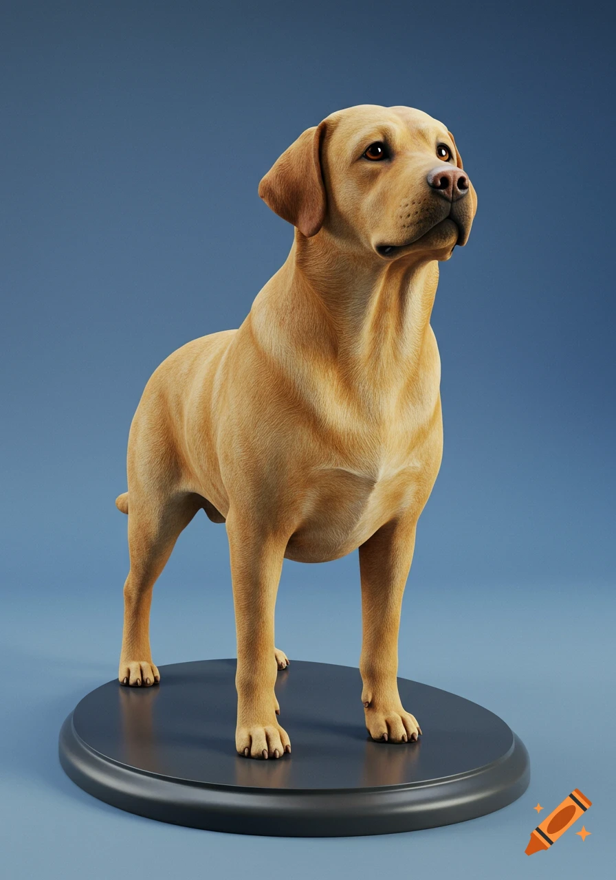 A photorealistic 3D render of a yellow Labrador standing on a dark gray pedestal against a blue background.