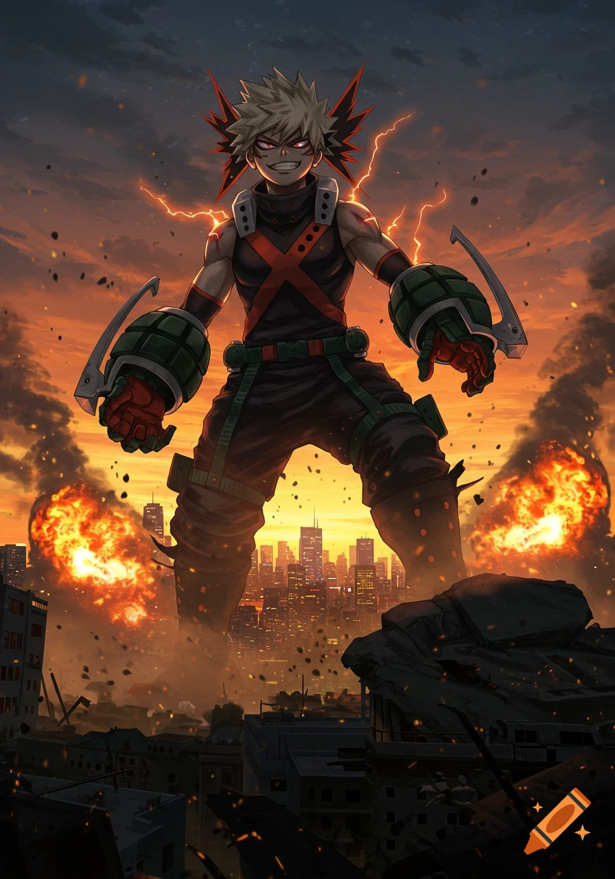 Giant Bakugou with explosive spiky hair stands over a destructed city at sunset, surrounded by large explosions, in an anime art style.