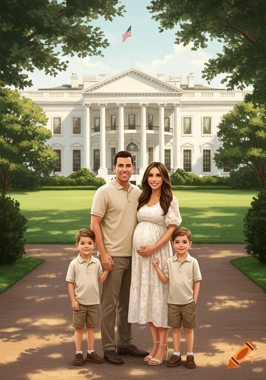 An illustrated family portrait of a man, a pregnant woman, and two young boys standing in front of the White House.