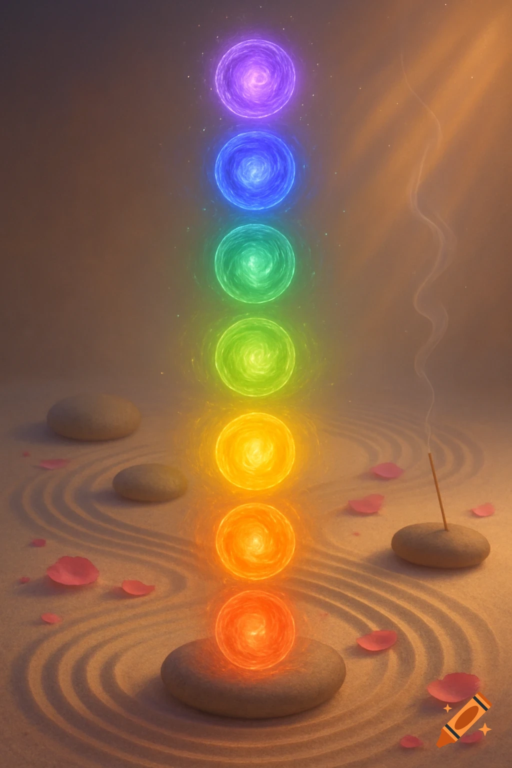 Seven glowing, colorful chakra orbs arranged vertically on a serene sand garden with stones, rose petals, and an incense stick.